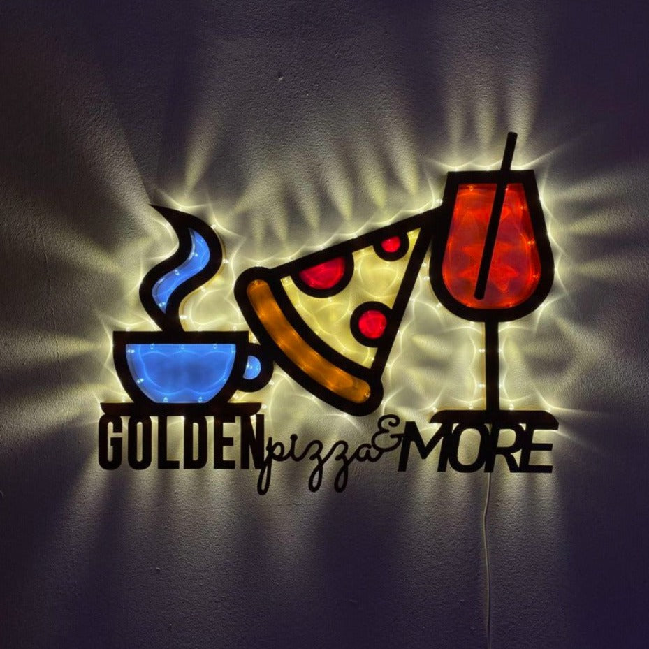 Golden Pizza & More, luminaria, decor, light, wine glass, coffee, pizza, lighting, LED, venue